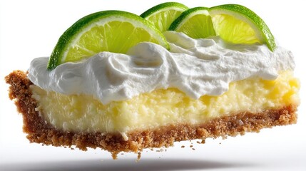 Delicious key lime pie with whipped cream and lime slices.