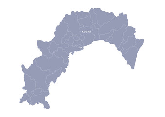 グレー色の日本地図, 高知県の行政区分付き地図, Gray map of Japan, Kochi prefecture