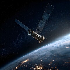 Sleek High-Tech Artificial Satellite Orbiting Earth Amid Twinkling Stars