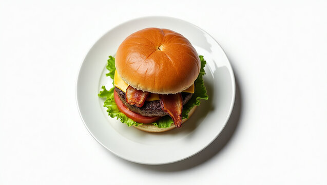 Top view of a gourmet hamburger served on a clean white plate against a plain white background