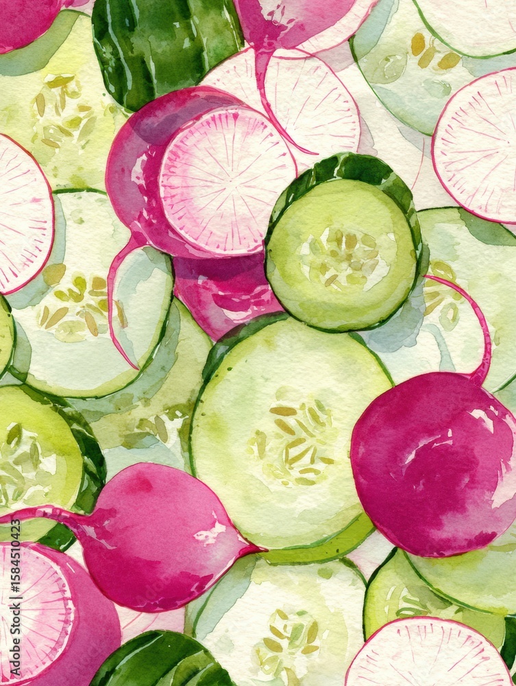 Poster colorful watercolor pattern featuring sliced cucumbers and radishes with space for custom text above