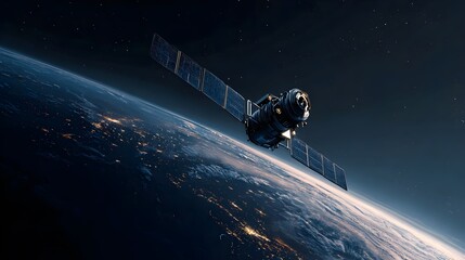 Sleek High-Tech Artificial Satellite Orbiting Earth Amid Twinkling Stars