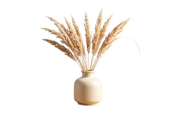 Neutral Ceramic Vase with Pampas Grass on Wooden Table, Transparent Background