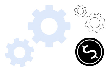 Interconnected gears of different sizes highlight progress and teamwork, with a central dollar icon signifying wealth, success, or business. Ideal for finance, teamwork, investment, and a simple