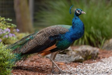 Peacock roams freely in a wildlife park