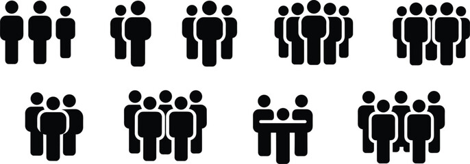 Silhouettes of multiple people in groups, team collaboration, community icons, crowd standing together, group communication, social gathering, human figures silhouettes