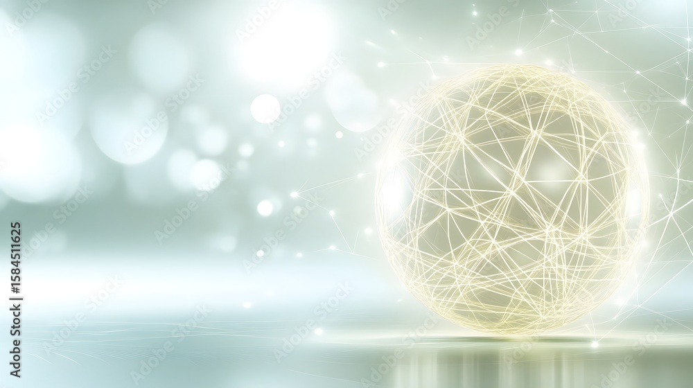 Poster illuminated sphere with interconnected lines in a light background.