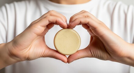 Hands forming heart shape holding round natural soap bar close-up
