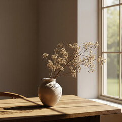Vase of fresh flowers placed on a table near a window in a cozy room.