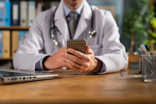 Physician with phone on desk at office