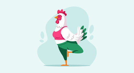 A cartoon rooster in athletic attire balances on one leg, practicing yoga.