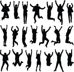 Silhouettes of energetic people jumping high in joy, raising arms, expressing success, active lifestyle, cheerful leap poses, celebration and happiness silhouettes