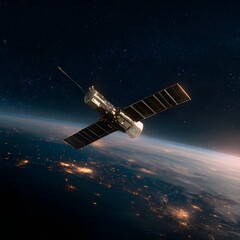 Obraz premium Sleek High-Tech Artificial Satellite Orbiting Earth Amid Twinkling Stars