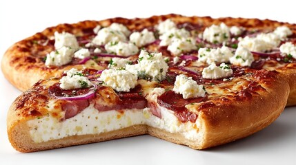 Delicious pizza slice with cheese, herbs, and red onion.