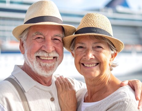 Smiling senior couple near a cruise ship - Powered by Adobe