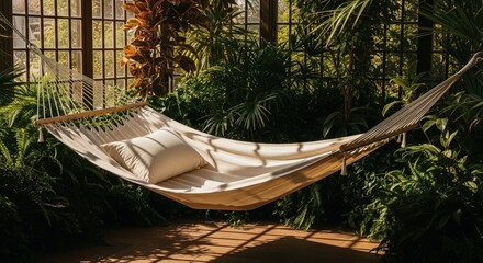 Empty cream fabric hammock with pillow in sunlit indoor garden