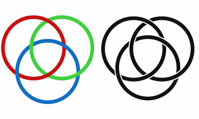 vector set Borromean rings icon in silhouette,black styles, three interlocked circles symbolizing unity, strength, logic, and connection. Ideal for logos, networks, teamwork, and symbolism.