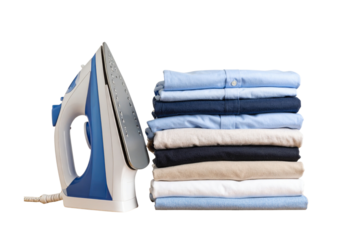 Angled View of Ironed Clothes with Iron and Spray Bottle on Table, PNG Isolated