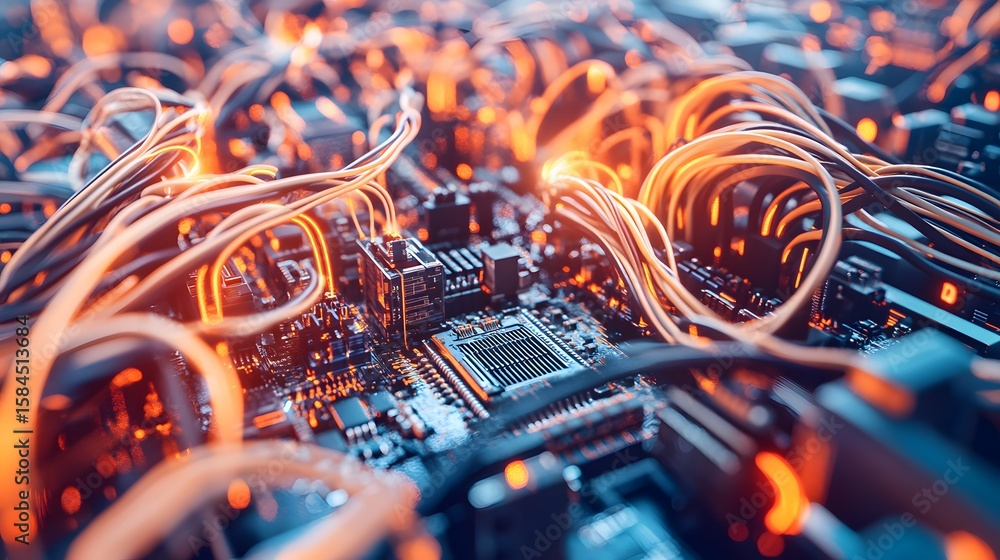 Poster close-up view of a complex circuit board with glowing wires.