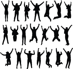 Silhouettes of happy people jumping with raised hands, celebrating freedom, active motion, excitement energy, success expression, fun jumping silhouettes group