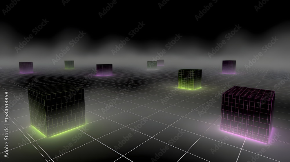 Poster wireframe cubes in a grid pattern with glowing edges.