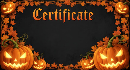 Halloween Certificate Template with Carved Pumpkins and Autumn Leaves Border.