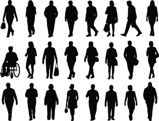 Silhouettes of walking people in motion, front and side view, wheelchair user, urban crowd, business and casual attire, mobility diversity included