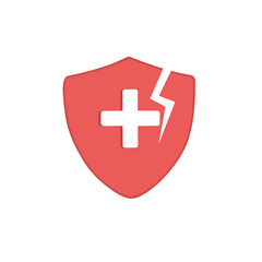 Cracked red shield with a white medical cross. Flat vector icon symbolizing health system failure, weak immunity, or medical vulnerability