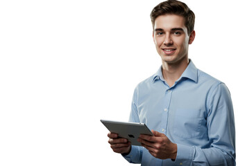 A man holds a tablet computer isolated on transparent background