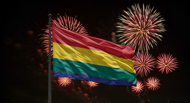 Celebration of Pride: Rainbow Flag Waving Against a Dazzling Fireworks Display - Powered by Adobe