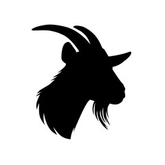 Silhouette of a goat head with long horns. Black vector illustration ideal for farm logos, animal signs, vintage emblems, or tattoo designs