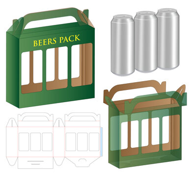 Beverage Cans Box Dieline &ndash; Foldable Packaging Template with Handle and Window