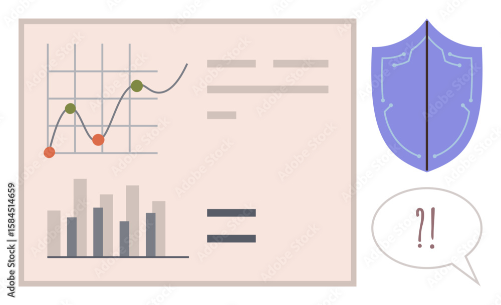 Poster graphs and bar charts for data analysis, blue shield symbolizing security, and speech bubble for inq