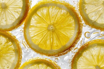 Macro close-up of lemon slices floating in clear water on white background, hyper-realistic citrus detail, commercial beverage content