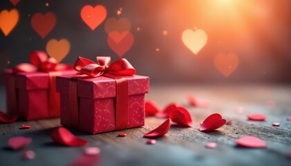 Scattered gift boxes with hearts, romantic bokeh , elegant, sparkles