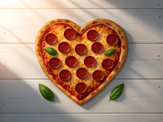 Heart-shaped pepperoni pizza on rustic white wood background; romantic, delicious food photography ai generated