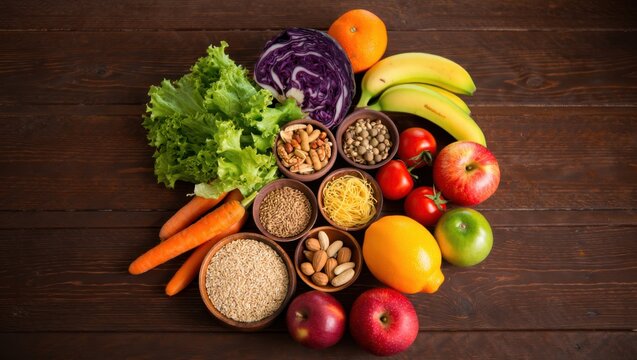 Assortment of fresh fruits vegetables and grains on a wooden table