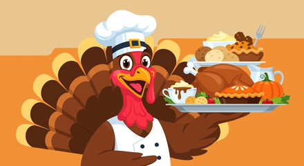 Obraz premium A cartoon turkey chef proudly presents a Thanksgiving feast on a serving tray.
