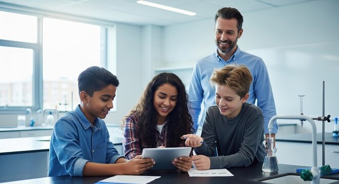 Middle school students collaborating on tablet with teacher in science lab