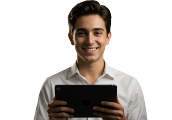 Young man smiling while holding a tablet, isolated on white isolated on transparent background
