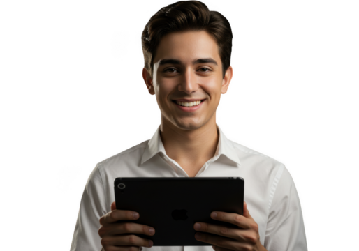 Young man smiling while holding a tablet, isolated on white isolated on transparent background