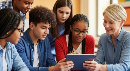 Teacher and diverse teenagers learning together using tablet in classroom