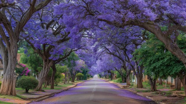 Blue jacaranda tree tunnel in full bloom