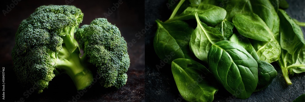 Poster modern studio shot featuring fresh broccoli and vibrant spinach with distinct lighting in the upper 