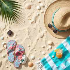 Flat Lay Summer Vacation Background on Beach Sand