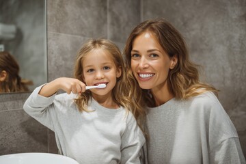 Mother and daughter brushing their teeth in the bathroom at home