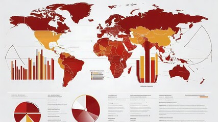 Abstract infographic with world map graphs and charts using red and yellow hues on a light background representing global data. - Powered by Adobe