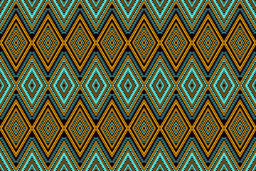 Seamless ethnic geometric pattern with traditional tribal elements, featuring diamond shapes and zigzag lines in earthy tones of beige, teal, and coral. Ideal for textile, wallpaper, and background de