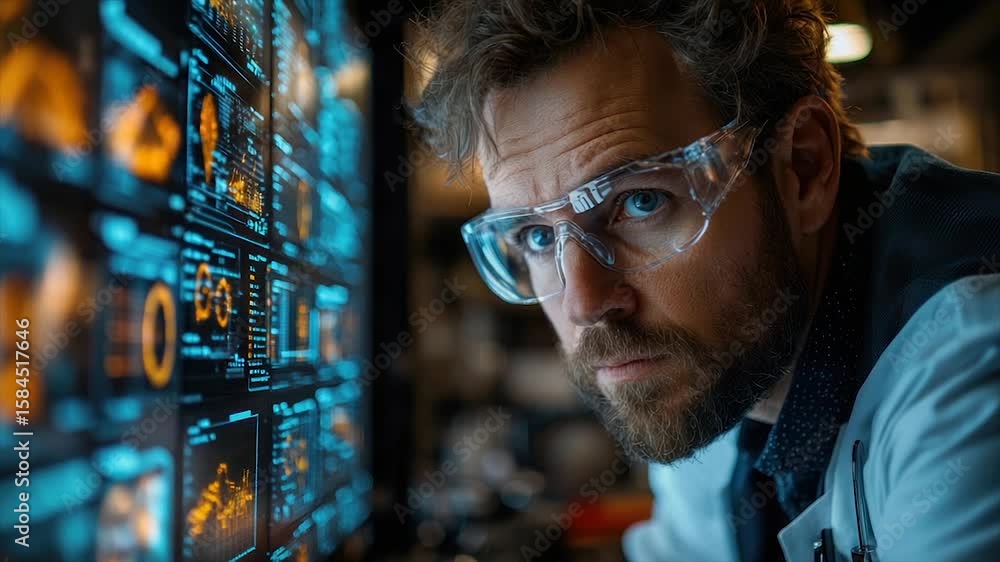Aufkleber focused scientist examines complex data on a large screen