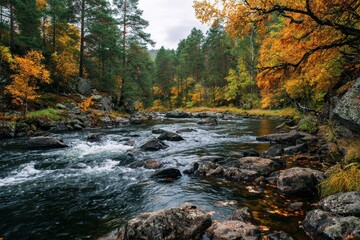 Quick river in a fall wood